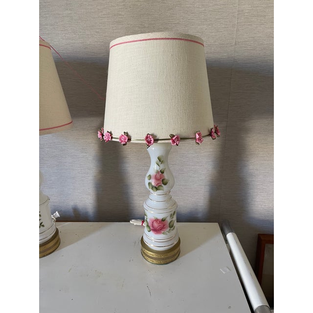 1910s Pair of 1910s Victorian Milk Glass Lamps With Roses For Sale - Image 5 of 9