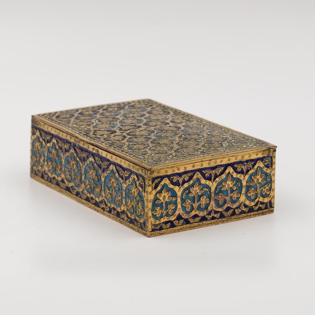 1900 - 1909 1900s Gilt Brass and Blue Enamel Cigarette Box With Floral and Geometric Decoration For Sale - Image 5 of 6