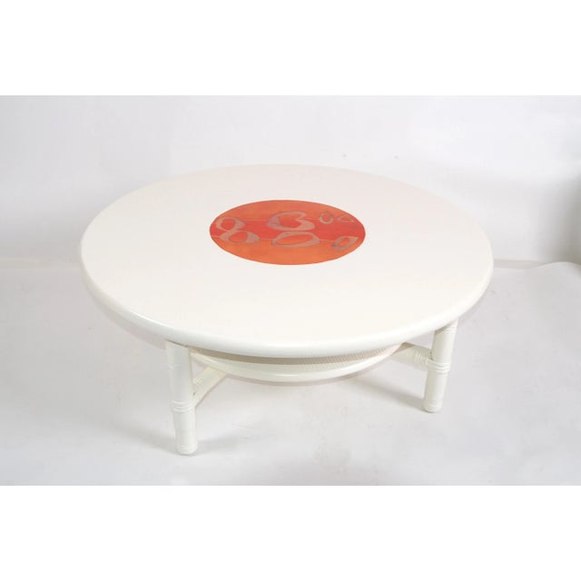 Mid-Century Modern White Bamboo, Rattan & Enamel 2-Tier Round Coffee Table Mid-Century Modern 1970s For Sale - Image 3 of 11