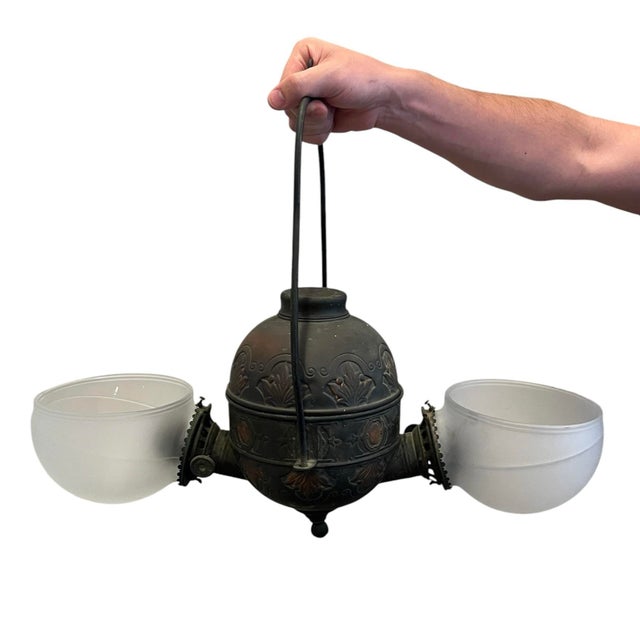Victorian Late 19th-Early 20th C. Victorian Double Arm "The Angle Lamp Co. Ny" Ceiling Fixture Patinated & Copper Finished Surface For Sale - Image 3 of 12