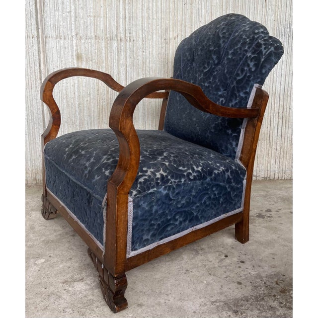 Pair of Art Deco Club Armchairs With Blue Ink Damask Velvet For Sale In Miami - Image 6 of 12