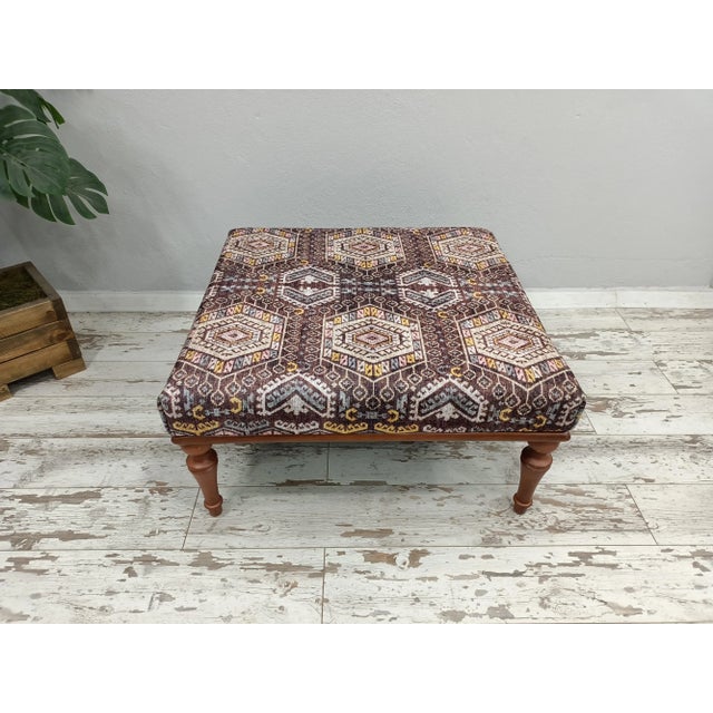Coffee Brown Rug Print Fabric Upholstered Square Coffee Table For Sale - Image 8 of 8
