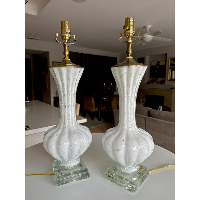 Mid-Century Modern Pair Murano White and Silver Inclusions Glass Table Lamps For Sale - Image 3 of 16