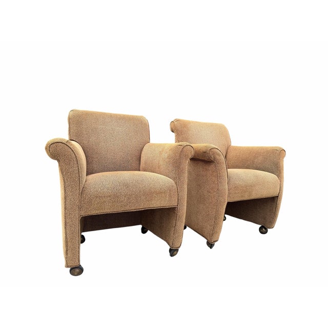 Contemporary Vintage Postmodern Rolled Arm Club Chairs With Brass Ball Casters, a Pair For Sale - Image 3 of 12