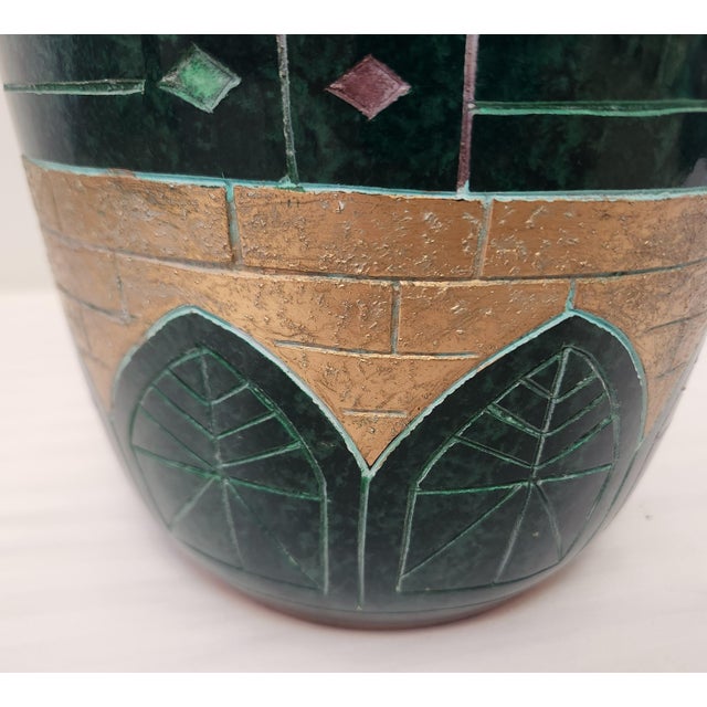 Green Pair Large Postmodern Vintage Green and Gold Floor Vases For Sale - Image 8 of 13