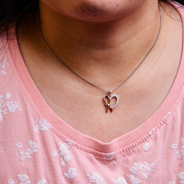 10K Yellow Gold Plated .925 Sterling Silver 1/5 Cttw Diamond Ribbon Heart Pendant Necklace (H-I Color, I2-I3 Clarity) - 18" For Sale - Image 4 of 5