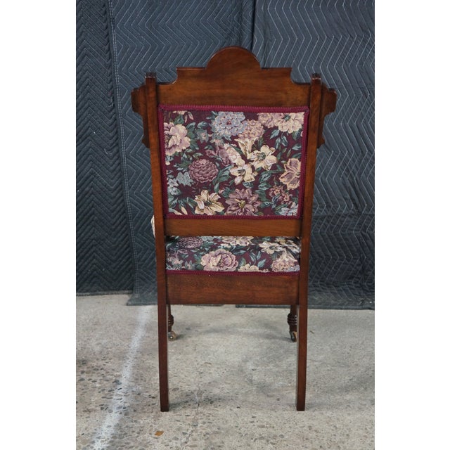 Antique Victorian Eastlake Walnut Burl Carved Parlor Chair Tapestry Fabric For Sale - Image 16 of 18