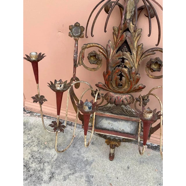 Neoclassical Style Painted Tole, Wood and Mirror Wall Sconces - A Pair For Sale In West Palm - Image 6 of 11