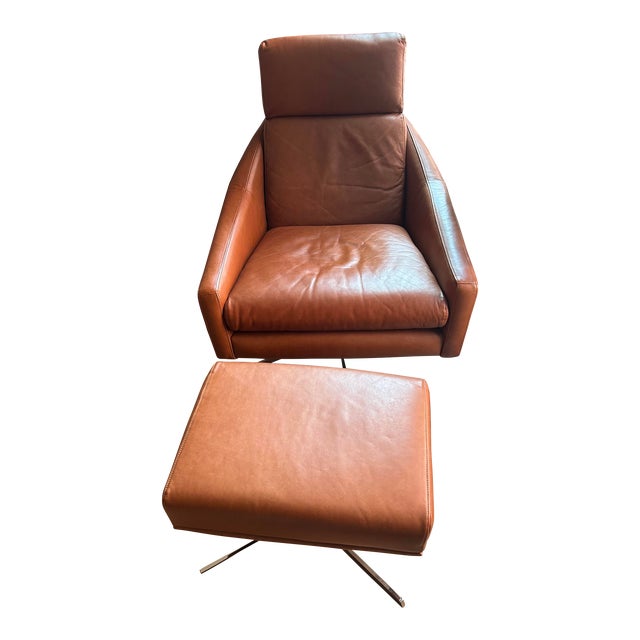 West Elm Leather Swivel Chair and Ottoman Chairish