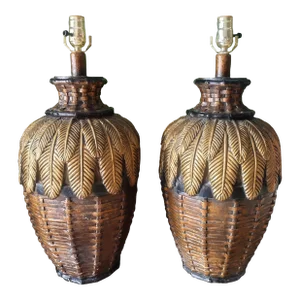 Vintage Large Plaster Brown Gold Leaf Wicker Design Table Lamps- a Pair