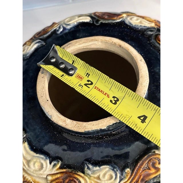 Antique Cobalt Blue Sancai Glaze Style Urn 1970’s Reproduction Vase Majolica Pottery 11" High X 10" For Sale - Image 11 of 12