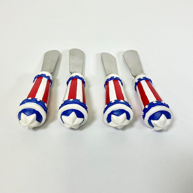1970s Americana Boho Chic Arts & Crafts Stars & Stripes Spreader Knives - Set of 4 - 4th of July For Sale - Image 6 of 8