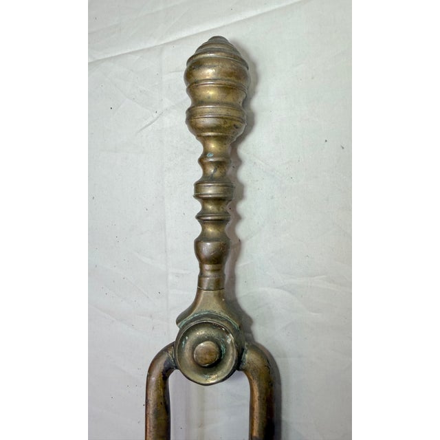Metal Antique 18th Century Wrought Iron Turned Brass English Fireplace Tongs Tool 1 For Sale - Image 7 of 9
