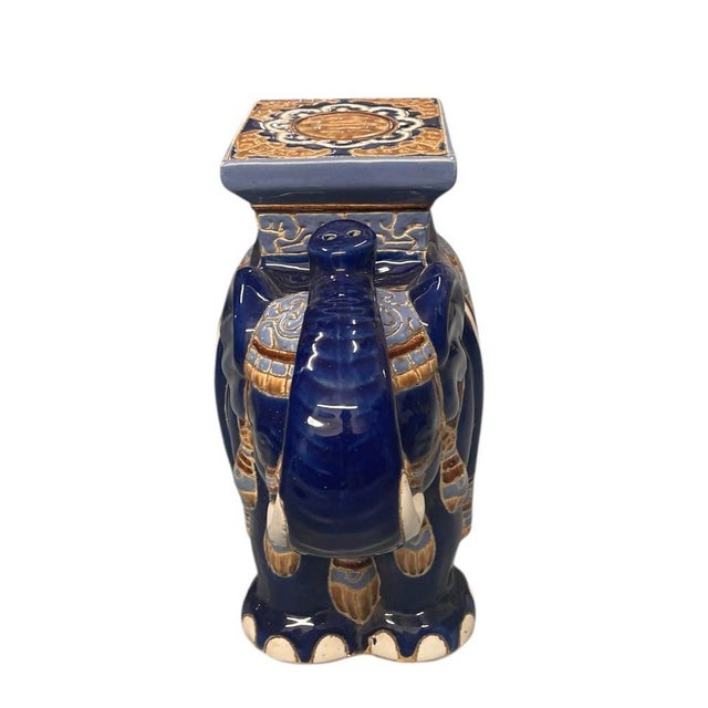 Vintage Cobalt Blue & Gold Ceramic Elephant Garden Stool / Drinks Table For Sale In West Palm - Image 6 of 8