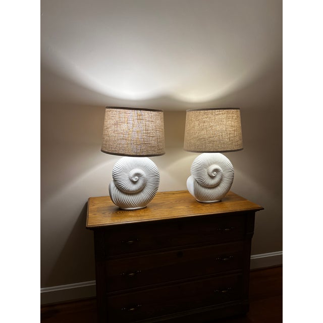 Vintage Spiral Shell Table Lamps With Linen Drum Shades - A Pair For Sale - Image 13 of 18