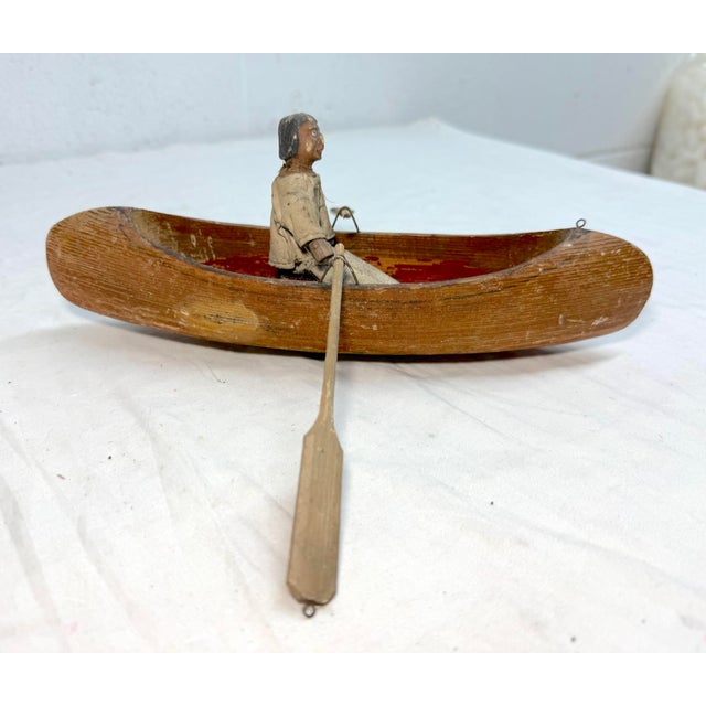 Traditional Antique Hand Carved Wood Canadian Inuit Eskimo Art Wood Sculpture Canoe Man For Sale - Image 3 of 12