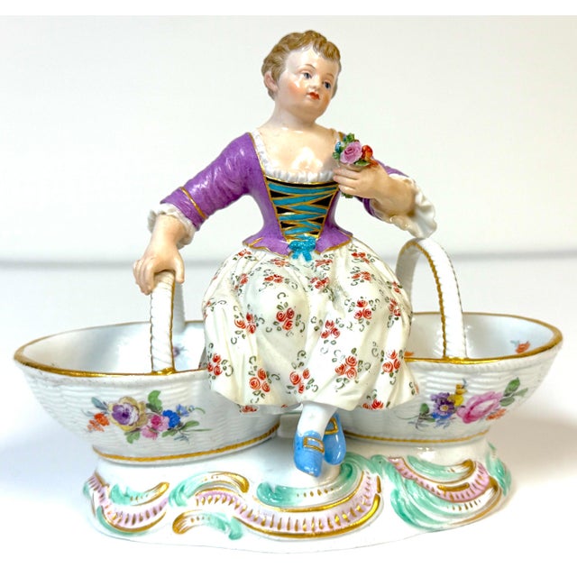 Rococo Meissen Rococo Figural Sweetmeat Dish Seated Maiden with Twin Floral Baskets For Sale - Image 3 of 13