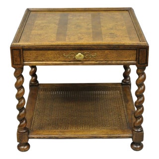 Vintage Baker Barley Twist Oak & Burlwood Parquetry Inlay Square Lamp Side Table For Sale