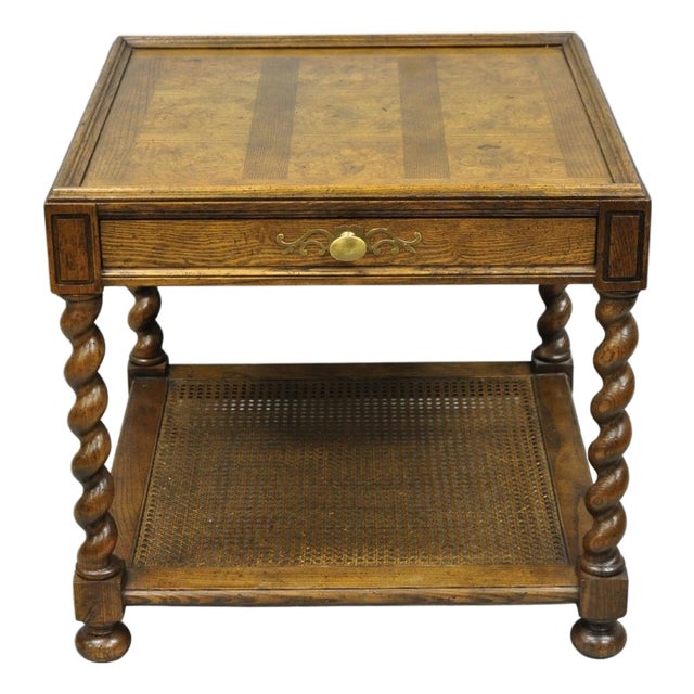 Vintage Baker Barley Twist Oak & Burlwood Parquetry Inlay Square Lamp Side Table For Sale