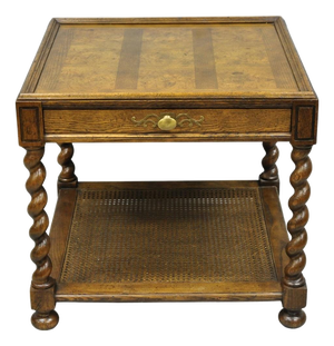 Vintage Baker Barley Twist Oak & Burlwood Parquetry Inlay Square Lamp Side Table