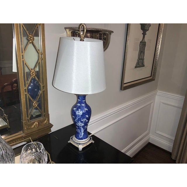 Vintage Blue and White Cherry Blossom Porcelain Vase Lamp on Metal Base For Sale - Image 13 of 13