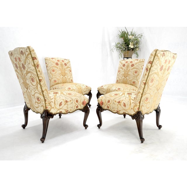Set 4 Floral Gold & Red Upholstery Fine Carved Legs Slipper Lounge Chairs MINT! For Sale - Image 11 of 12
