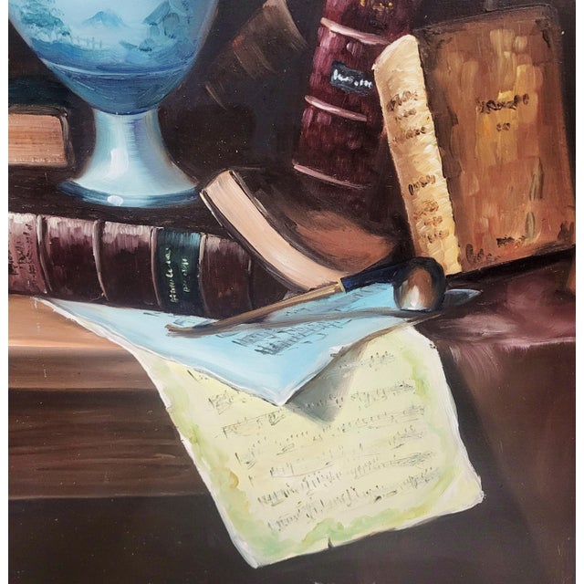 Mid 20th Century Vintage 20th C Framed Oil on Canvas Music Books & Scroll Still Life Painting by Coral For Sale - Image 5 of 11