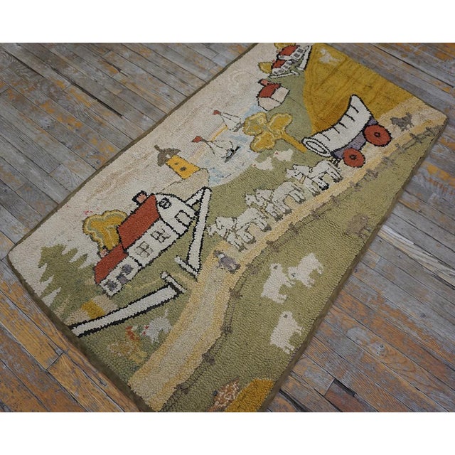 Textile Artistic Small Size Pictorial Antique American Folk Art Prairie Town Farm Animal Scene Hooked Rug For Sale - Image 7 of 10