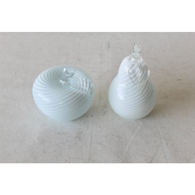 Murano Apple and Pear Glass Sculptures, in excellent condition with no cracks or chips. Hand blown, large size Pear:...