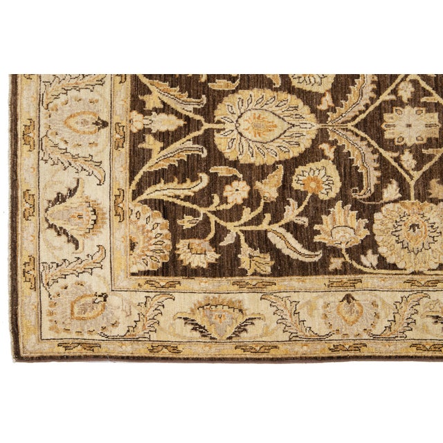 Textile Modern Peshawar Handmade Brown Floral Wool Runner For Sale - Image 7 of 12