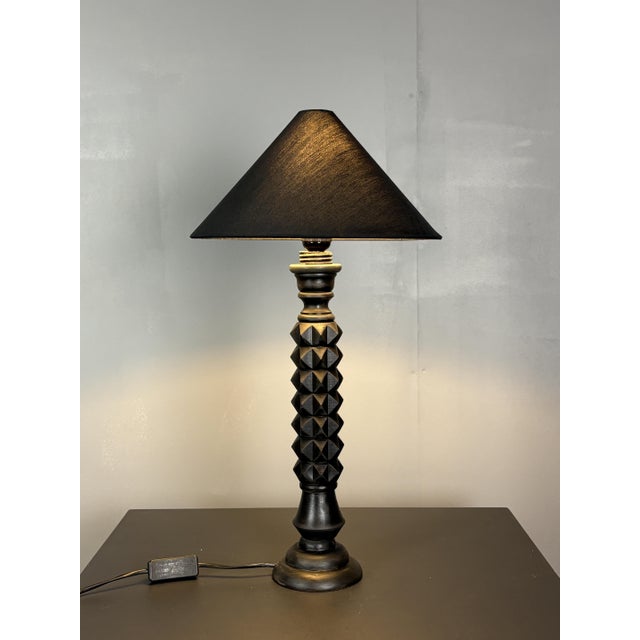 Mid-Century Modern Brutalist Wood Turned and Ebonized Table Lamp by Charles Dudouyt, 1950s For Sale - Image 12 of 14