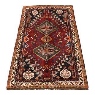 Qashqai Rug 3'6'' X 5'5'' Red Wool Vintage Tribal Hand-Knotted Oriental Carpet For Sale