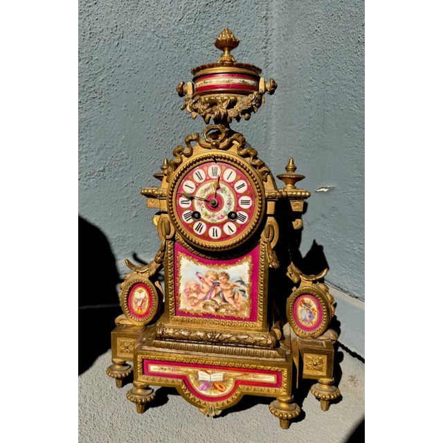 19th Century French Gilt Mantel Clock With Red Sevres Style Porcelain For Sale - Image 16 of 16