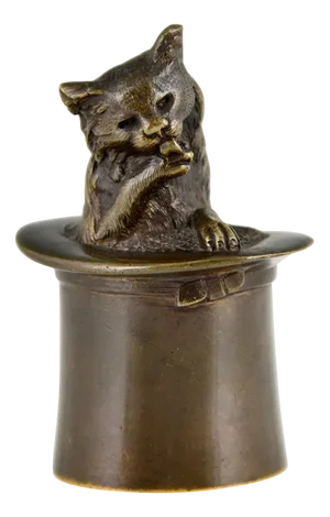Antique Bronze Table Bell Depicting Cat in a Top Hat, 1880