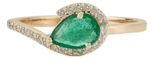 Modernist Pear Shape Emerald & Diamond Halo Ring in 14k Yellow Gold Size 4