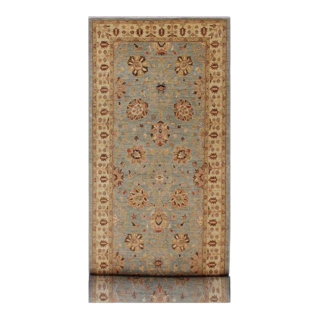 Shabby Chic Ziegler Blue/Gold Wool Runner Rug- 4'1'' X 11'2'' For Sale