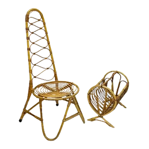 Set of Mid-20th Century Rattan and Bamboo Chair and Magazine Rack