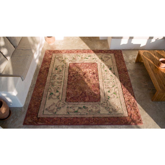 1930s Orange Salmon Medallion Folk Art Antique American Hooked Rug 4' 0" X 5' 5" Handknotted Wool Carpet For Sale In New York - Image 6 of 7
