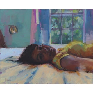 Amour by John McLeod | Oil on panel of a woman lying on a bed in a colorful room For Sale