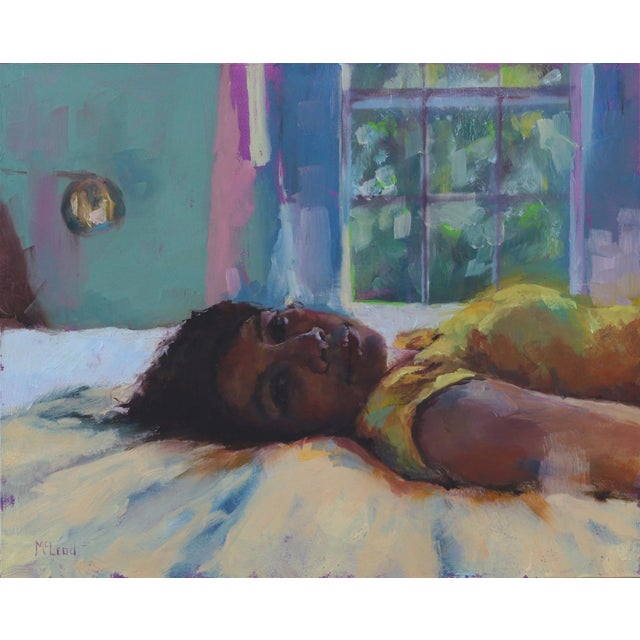 Amour by John McLeod | Oil on panel of a woman lying on a bed in a colorful room For Sale