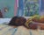 Amour by John McLeod | Oil on panel of a woman lying on a bed in a colorful room For Sale