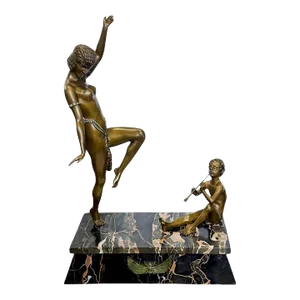 1920s Art Deco "Nude & Flute Player" Sculpture by Emile Monier