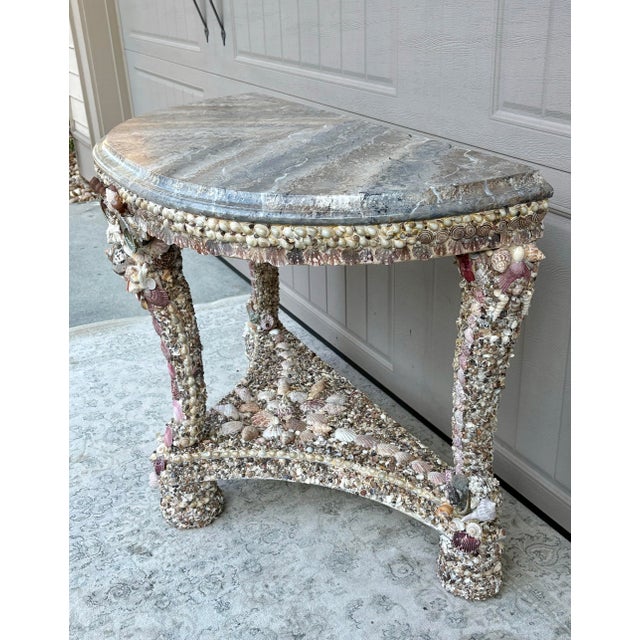 2020s Grotto Style Seashell Encrusted Half Moon Console Table With Hand Painted Faux Marble Top For Sale - Image 5 of 14