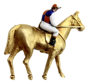 1900-1909 Edwardian 18k Gold Equestrian Jockey and Horse Enameled Brooch