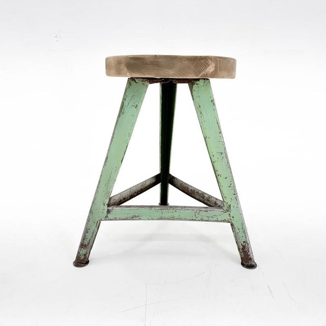 Vintage Industrial Steel & Wood Tripod Stool, 1950s For Sale - Image 10 of 11