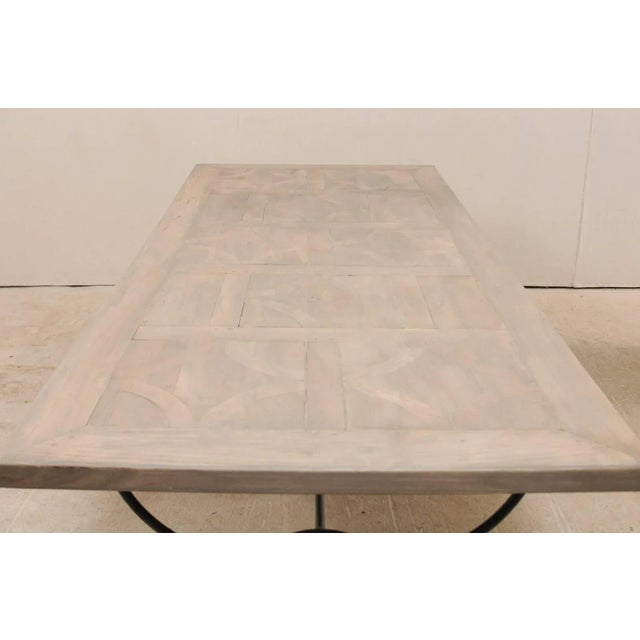 French Vintage Table With Inlay Wood Top and Large Scrolling Iron Base For Sale - Image 11 of 12
