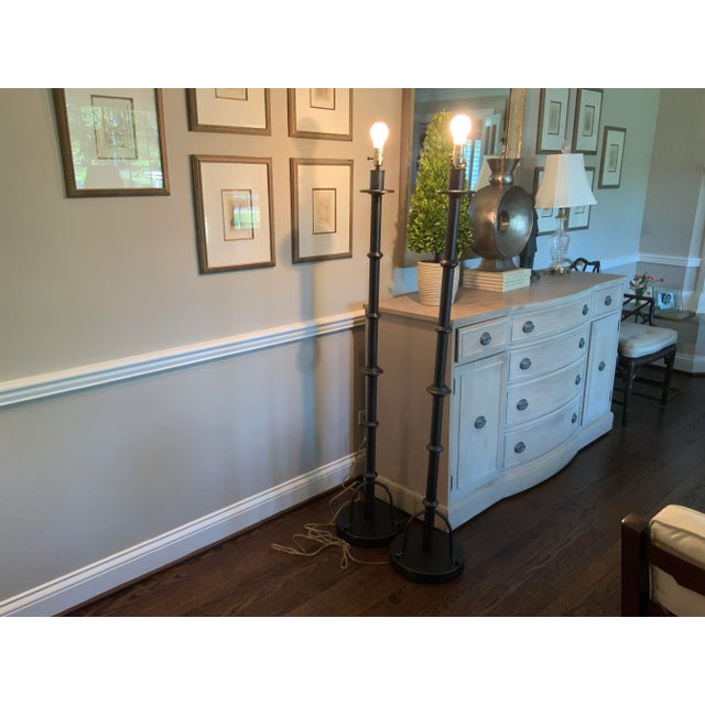 1980s Hollywood Regency Painted Metal Faux Bamboo Floor Lamps - A Pair For Sale - Image 4 of 13