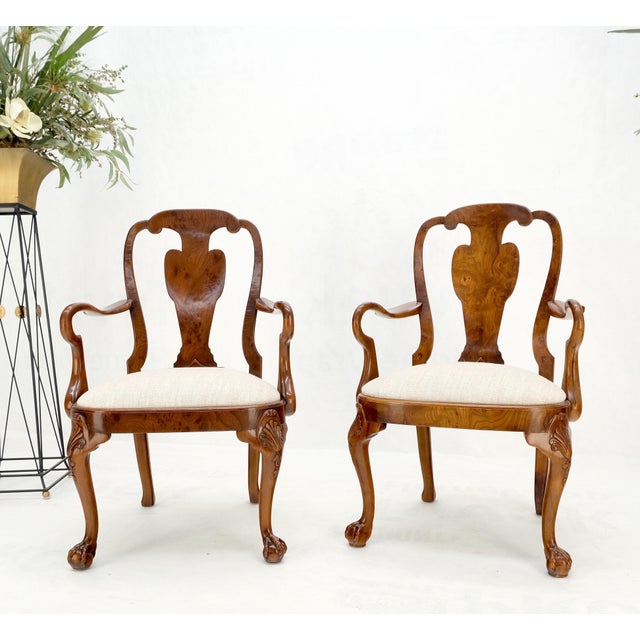 Pair of Carved Burl Wood New Oatmeal Linen Upholstery Armchairs Mint! For Sale - Image 13 of 16