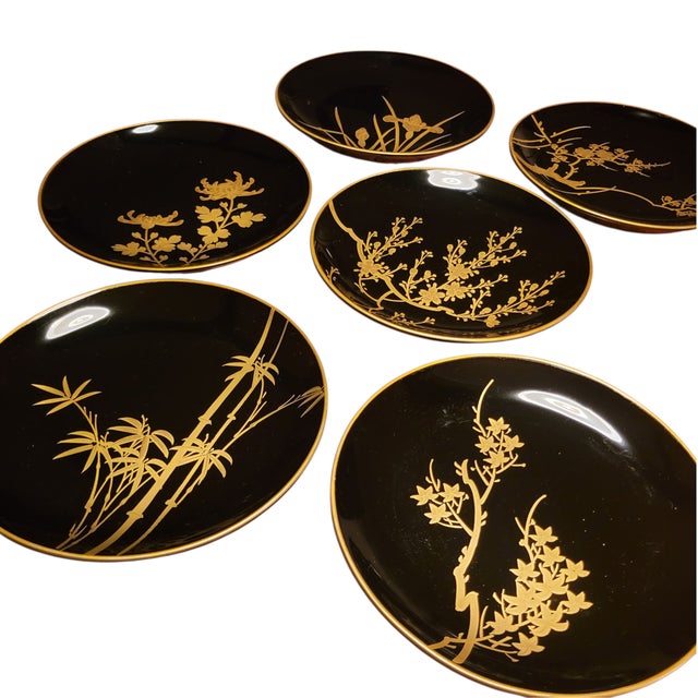 Vintage Set of Six Black Lacquer Art Lacquerware Kyoto Japan Decorative Plates. Hand Painted with Gold Using Traditional...