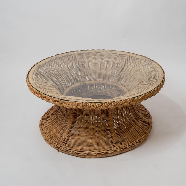 Coastal 1970s Coastal Braided Rattan Hourglass Coffee Table With Glass Top For Sale - Image 3 of 5